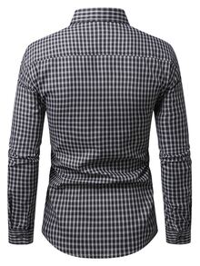 Manfinity Bizformal 秋季男士鈕扣領格紋長袖襯衫，黑色格紋輕量梭織，適合辦公工作、休閒、正式、老錢風 - 黑色 - 查看 2