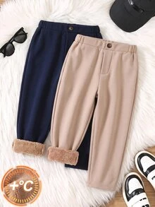Bubblio Young Boy 2 Pack Fleece Lined Straight Fit Pants Navy Khaki Plain Casual Bottoms For School Fall - Apricot - View 3