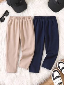 Bubblio Young Boy 2 Pack Fleece Lined Straight Fit Pants Navy Khaki Plain Casual Bottoms For School Fall - Apricot - View 2