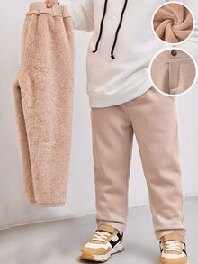 Bubblio Young Boy 2 Pack Fleece Lined Straight Fit Pants Navy Khaki Plain Casual Bottoms For School Fall - Apricot - View 4
