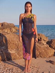 SHEIN Swim غطاء شاطئي مطبوع بشبكة أحادي الكتف للنساء في الصيف - متعدد الألوان - مشاهدة 4