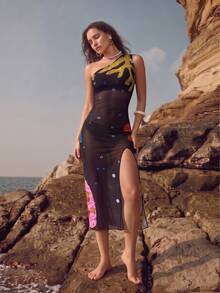 SHEIN Swim غطاء شاطئي مطبوع بشبكة أحادي الكتف للنساء في الصيف - متعدد الألوان - مشاهدة 3