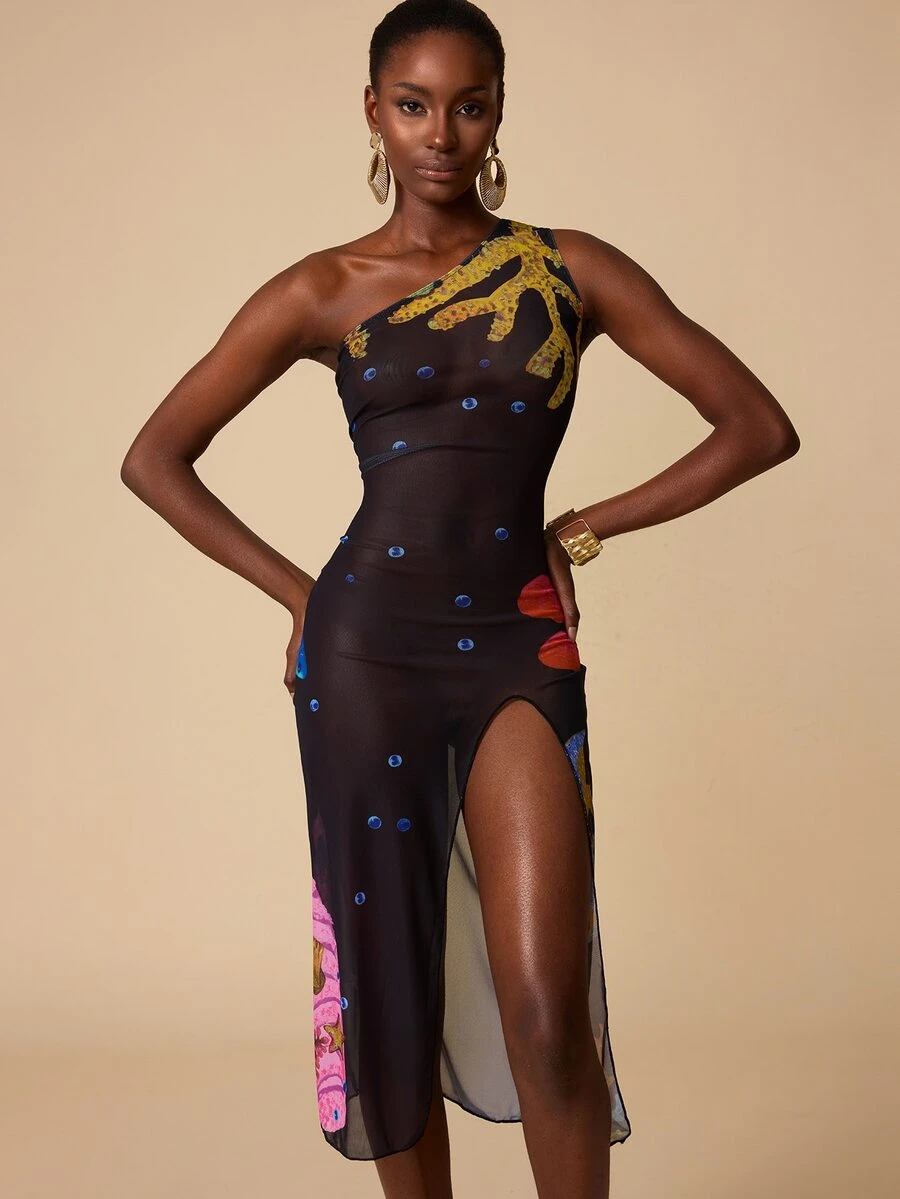 SHEIN Swim غطاء شاطئي مطبوع بشبكة أحادي الكتف للنساء في الصيف - متعدد الألوان - مشاهدة 1