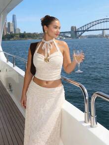 SHEIN MOD Plus Size White Jacquard Halter Top And Skirt 2 Pieces Set Summer Elegant A Line L'amoure Romantic Tea Party Formal Vacation Brunch Dinner Evening - Apricot - View 13