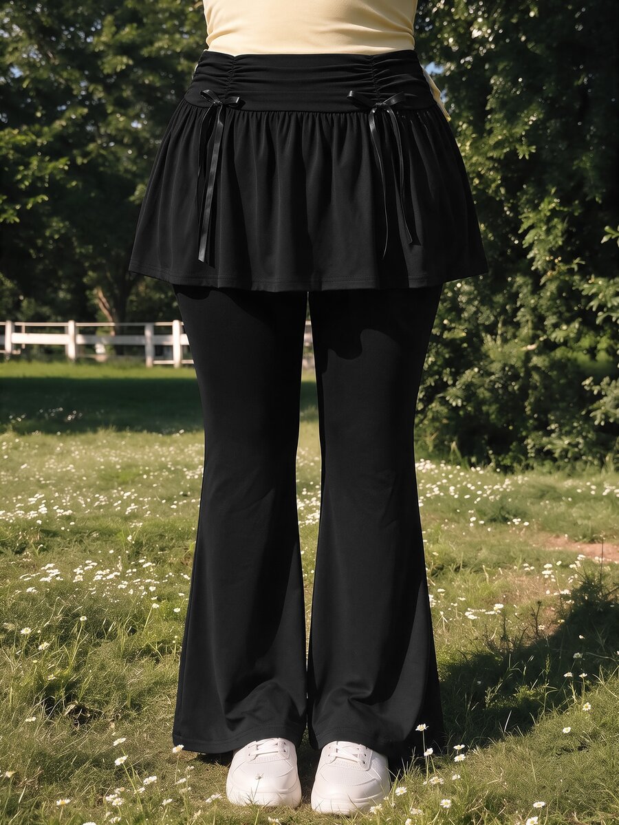 SHEIN MOD Plus Size Ballet-Style Ruched Bow Decor Mini Skirt, 2 In 1 Long Flared Pants Fall - Black - View 1