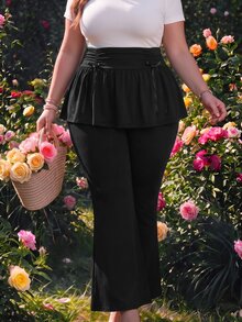 SHEIN MOD Plus Size Ballet-Style Ruched Bow Decor Mini Skirt, 2 In 1 Long Flared Pants Fall - Black - View 4