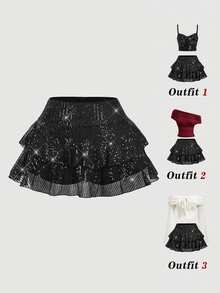 SHEIN MOD Plus Size Black Sequin Layered Skirt Multilayered Hem Suitable For Party Night Rave Prom Birthday Autumn Festival Beach Wedding 70's Sexy - Black - View 3