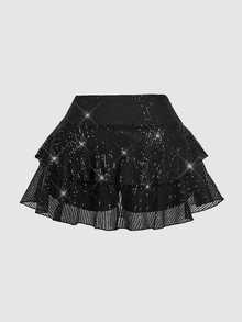 SHEIN MOD Plus Size Black Sequin Layered Skirt Multilayered Hem Suitable For Party Night Rave Prom Birthday Autumn Festival Beach Wedding 70's Sexy - Black - View 2