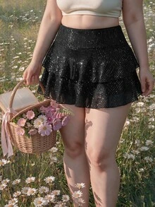 SHEIN MOD Plus Size Black Sequin Layered Skirt Multilayered Hem Suitable For Party Night Rave Prom Birthday Autumn Festival Beach Wedding 70's Sexy - Black - View 4