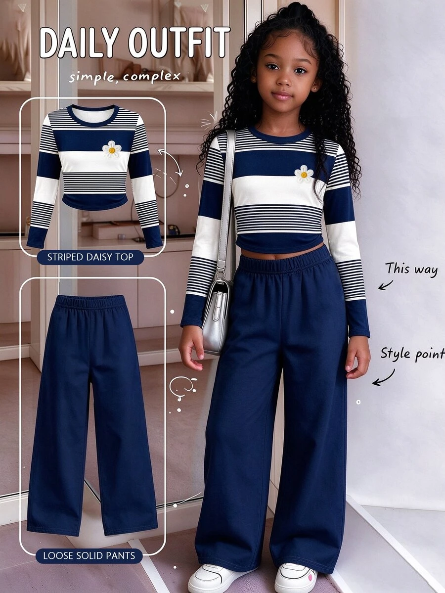 Tween Girls Autumn Casual Fashion Navy Blue & White Striped Floral Chest Design Ruched Waist Long Sleeve T-Shirt & Wide Leg Pants Set - Multicolor - View 1