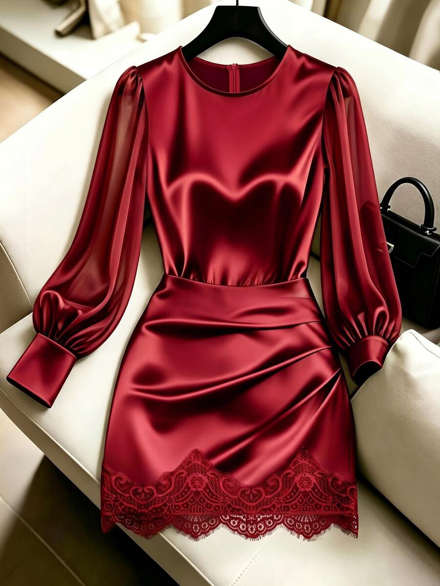 CHARMVALE Women's Short Dress With Small High Neck, Satin Satin Sleeves, Bodycon Hem And Contrast Lace - Burgundy - View 1