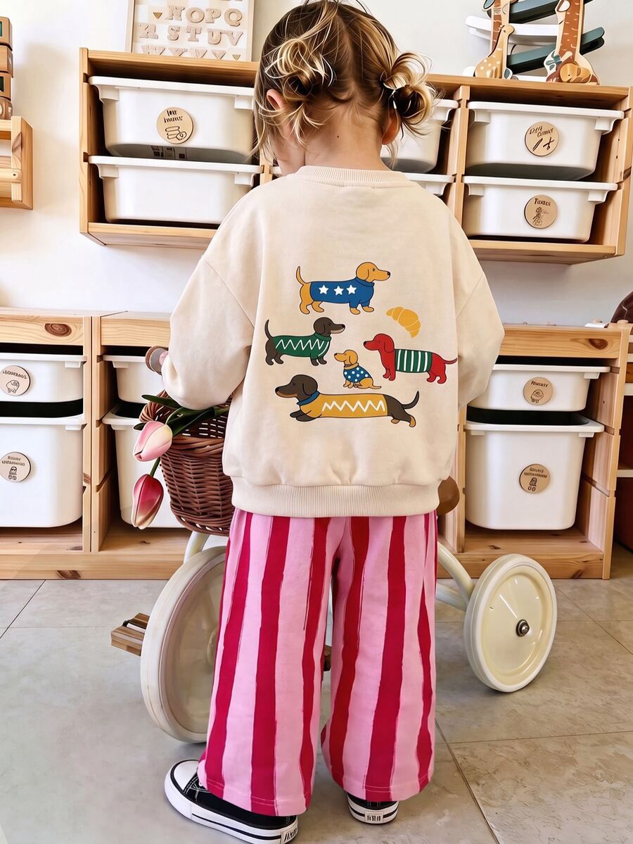 Baby Girl Dachshund Dog Print Sweatshirt & Pink Red Striped Pants 2pcs Set Cute Fall Winter Outfit Playful Puppy Pullover Sweatpants Co Ord Set - Multicolor - View 1