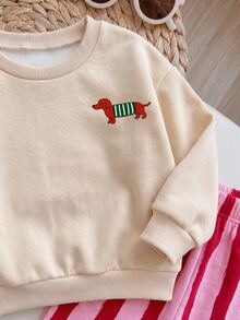 Baby Girl Dachshund Dog Print Sweatshirt & Pink Red Striped Pants 2pcs Set Cute Fall Winter Outfit Playful Puppy Pullover Sweatpants Co Ord Set - Multicolor - View 6