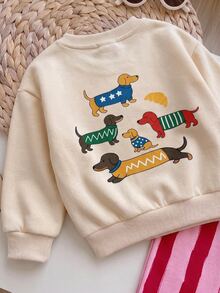 Baby Girl Dachshund Dog Print Sweatshirt & Pink Red Striped Pants 2pcs Set Cute Fall Winter Outfit Playful Puppy Pullover Sweatpants Co Ord Set - Multicolor - View 7