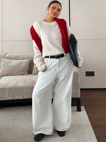Dazy Plus Solid Color Loose Long Sleeve Crew Neck Casual Smart Old Money Elegant Fall Pullover Knit Sweater For Women Homewear Holiday White - White - View 5