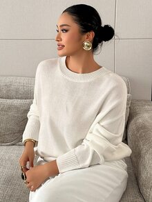 Dazy Plus Solid Color Loose Long Sleeve Crew Neck Casual Smart Old Money Elegant Fall Pullover Knit Sweater For Women Homewear Holiday White - White - View 4