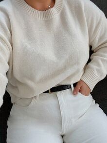 Dazy Plus Solid Color Loose Long Sleeve Crew Neck Casual Smart Old Money Elegant Fall Pullover Knit Sweater For Women Homewear Holiday White - White - View 2