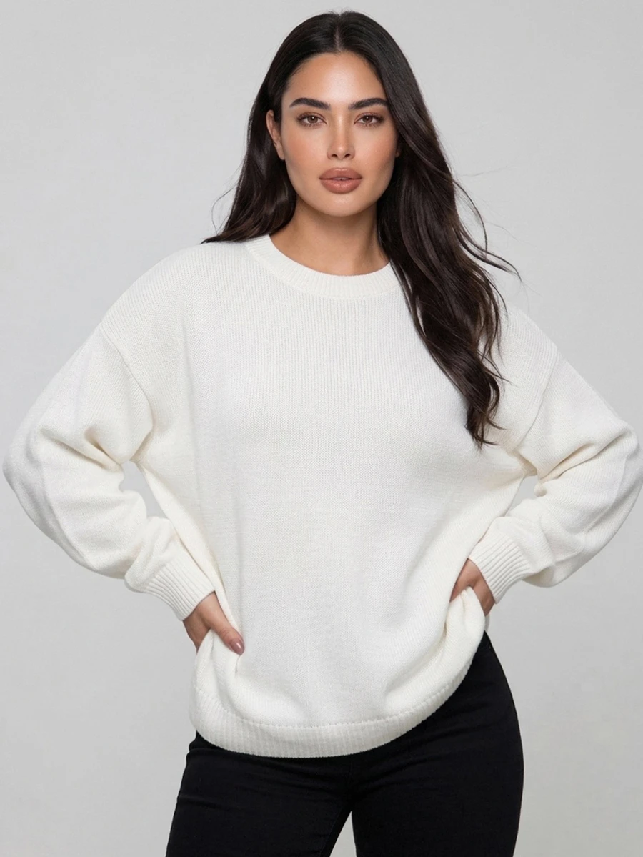 Dazy Plus Solid Color Loose Long Sleeve Crew Neck Casual Smart Old Money Elegant Fall Pullover Knit Sweater For Women Homewear Holiday White - White - View 1