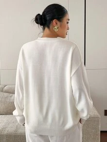 Dazy Plus Solid Color Loose Long Sleeve Crew Neck Casual Smart Old Money Elegant Fall Pullover Knit Sweater For Women Homewear Holiday White - White - View 8