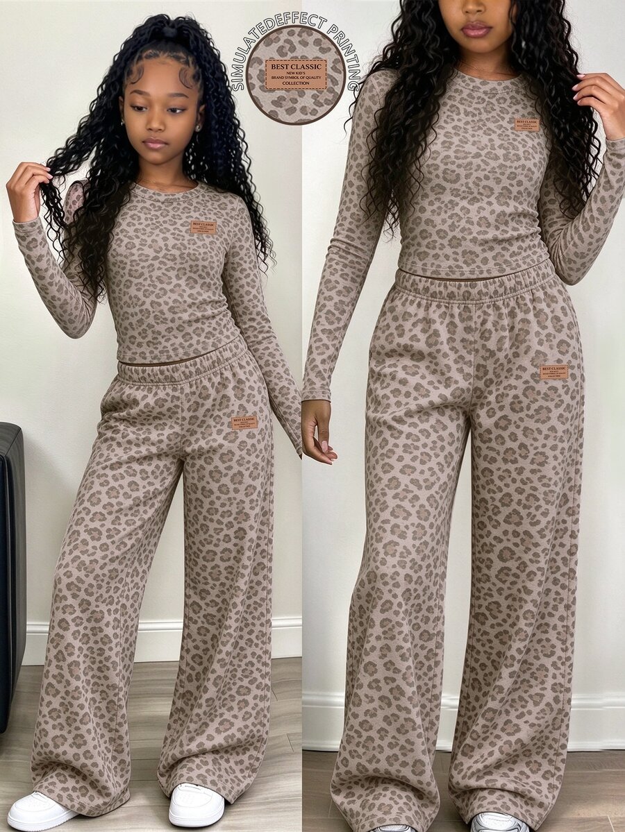 Tween Girls 2 Pcs Grey Leopard Print Ruched Waist Long Sleeve T-Shirt & Wide Leg Pants Set, Casual Daily Wear, Winter Outfits - Multicolor - View 1