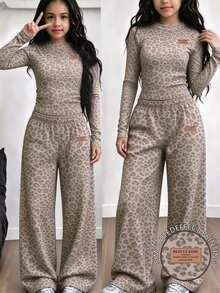 Tween Girls 2 Pcs Grey Leopard Print Ruched Waist Long Sleeve T-Shirt & Wide Leg Pants Set, Casual Daily Wear, Winter Outfits - Multicolor - View 3