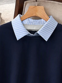 Lacomfia Women's 2 In 1 Shirt Collar Colorblock Blue & White Striped Preppy Versatile Plus Size Sweatshirt - Blue - View 6