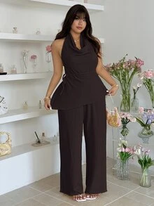 GalTyme Chocolate Brown Plus Size Women 2 Pieces Set: Halter Top Pants Vacation Beach Night Summer Elegant - Chocolate Brown - View 8