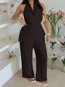 GalTyme Chocolate Brown Plus Size Women 2 Pieces Set: Halter Top Pants Vacation Beach Night Summer Elegant - Chocolate Brown - View 2