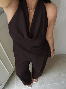 GalTyme Chocolate Brown Plus Size Women 2 Pieces Set: Halter Top Pants Vacation Beach Night Summer Elegant - Chocolate Brown - View 10