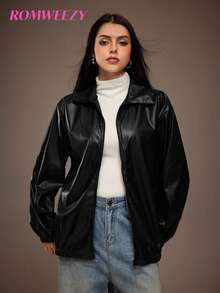 SHEIN Reset Phase Teen Girls Coat Fleece Fall Clothes Fall Long Sleeve Black Winter Matrix Streetwear Baggy Dance Zip Up Jacket,PU Material With Premium Sheen Work - Black - View 8