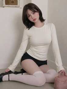 FRIFUL 女款純色舒適極簡長袖T恤 - 白色 - 查看 5