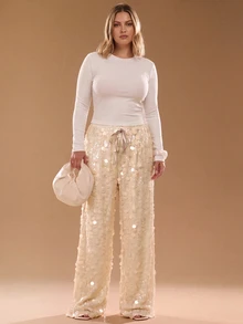 SHEIN Tall CURVE Plus Size Women Solid Color Waist Tie Sequin Wide Leg Loose Long Pants New Year Christmas Cocktail Evening White Fall Sexy Elegant - Apricot - View 4