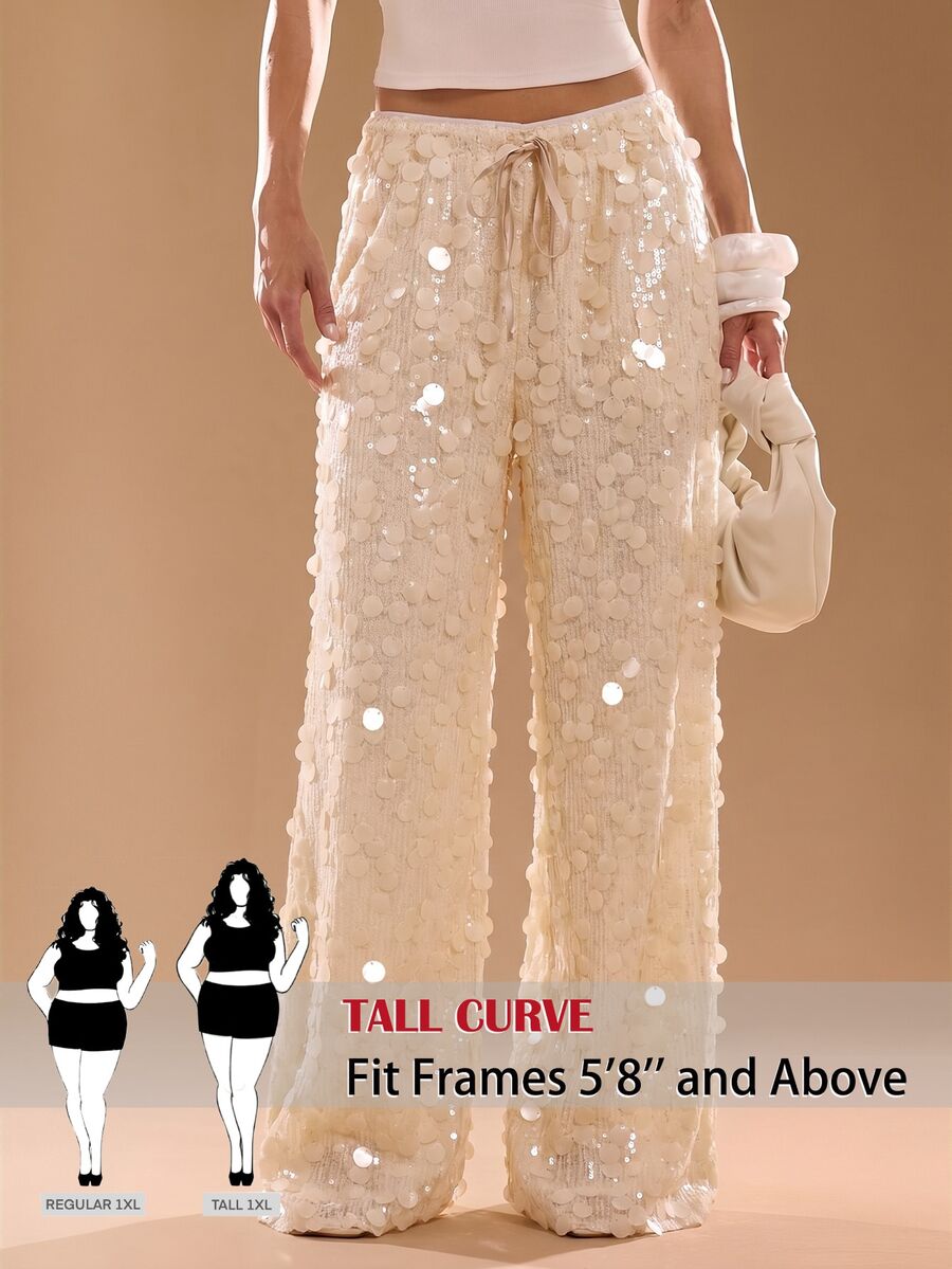 SHEIN Tall CURVE Plus Size Women Solid Color Waist Tie Sequin Wide Leg Loose Long Pants New Year Christmas Cocktail Evening White Fall Sexy Elegant - Apricot - View 1