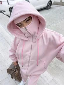 INAWLY Women's Casual Versatile Solid Color Hooded Sweatshirt, Autumn/Winter - Pink - View 1