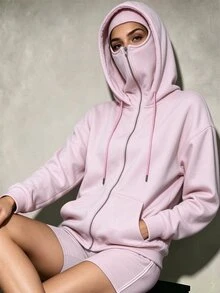 INAWLY Women's Casual Versatile Solid Color Hooded Sweatshirt, Autumn/Winter - Pink - View 5