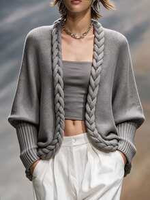 Omancia Women's Autumn/Winter Vintage Artistic Style Chunky Cable Knit Cardigan, V-Neck Batwing Sleeve Ribbed Cuff Long Sleeve Buttonless Open Front Loose Fit Top, Casual Commute Vacation Layering Versatile Relaxed Style - Grey - View 5