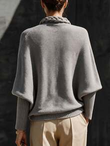 Omancia Women's Autumn/Winter Vintage Artistic Style Chunky Cable Knit Cardigan, V-Neck Batwing Sleeve Ribbed Cuff Long Sleeve Buttonless Open Front Loose Fit Top, Casual Commute Vacation Layering Versatile Relaxed Style - Grey - View 2