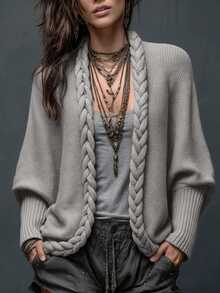 Omancia Women's Autumn/Winter Vintage Artistic Style Chunky Cable Knit Cardigan, V-Neck Batwing Sleeve Ribbed Cuff Long Sleeve Buttonless Open Front Loose Fit Top, Casual Commute Vacation Layering Versatile Relaxed Style - Grey - View 7