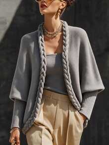 Omancia Women's Autumn/Winter Vintage Artistic Style Chunky Cable Knit Cardigan, V-Neck Batwing Sleeve Ribbed Cuff Long Sleeve Buttonless Open Front Loose Fit Top, Casual Commute Vacation Layering Versatile Relaxed Style - Grey - View 6