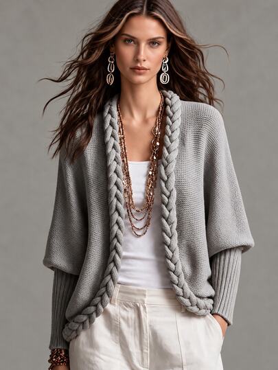 Omancia Women's Autumn/Winter Vintage Artistic Style Chunky Cable Knit Cardigan, V-Neck Batwing Sleeve Ribbed Cuff Long Sleeve Buttonless Open Front Loose Fit Top, Casual Commute Vacation Layering Versatile Relaxed Style