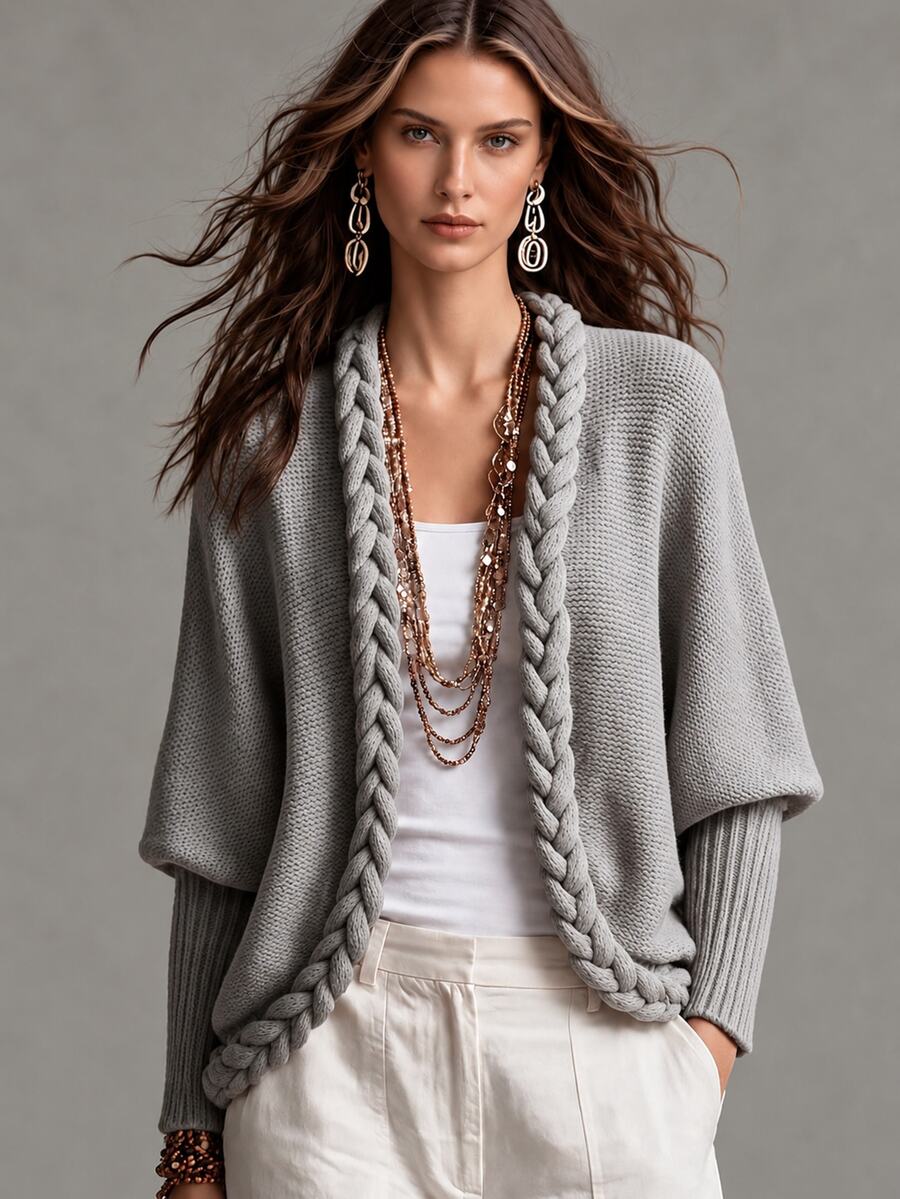 Omancia Women's Autumn/Winter Vintage Artistic Style Chunky Cable Knit Cardigan, V-Neck Batwing Sleeve Ribbed Cuff Long Sleeve Buttonless Open Front Loose Fit Top, Casual Commute Vacation Layering Versatile Relaxed Style - Grey - View 1