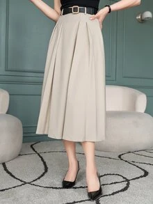 Wynsel 女士优雅纯色百褶A字裙，春夏秋冬女装半身裙 - 杏色 - 查看 5