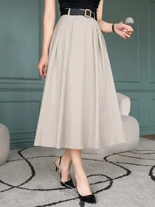 Wynsel 女士优雅纯色百褶A字裙，春夏秋冬女装半身裙 - 杏色 - 查看 10