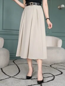 Wynsel 女士优雅纯色百褶A字裙，春夏秋冬女装半身裙 - 杏色 - 查看 4
