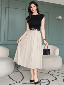 Wynsel 女士优雅纯色百褶A字裙，春夏秋冬女装半身裙 - 杏色 - 查看 3