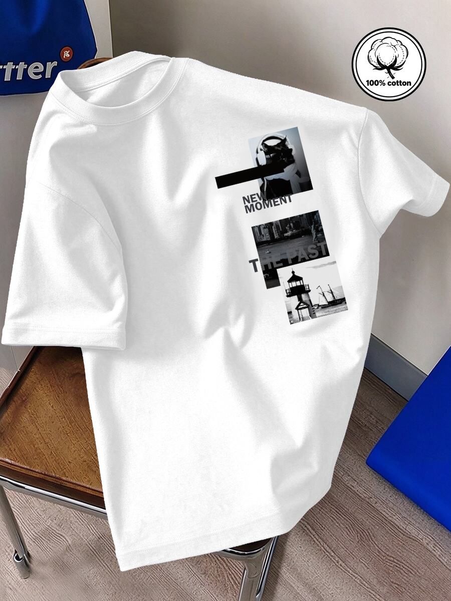 Manfinity Men's "NEW MOMENT THE PAST" Black & White Image Collage Design Versatile Casual Crew Neck White Pure Cotton Short Sleeve T-Shirt - White - View 1
