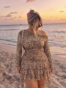SHEIN MOD Plus Size Mini Khaki Long Asymmetrical Shoulder Leopard PrintFlare Sleeve Mesh Fit & Flare Leopard Print Party Y2K Dress Christmas Festival Fall - Apricot - View 1