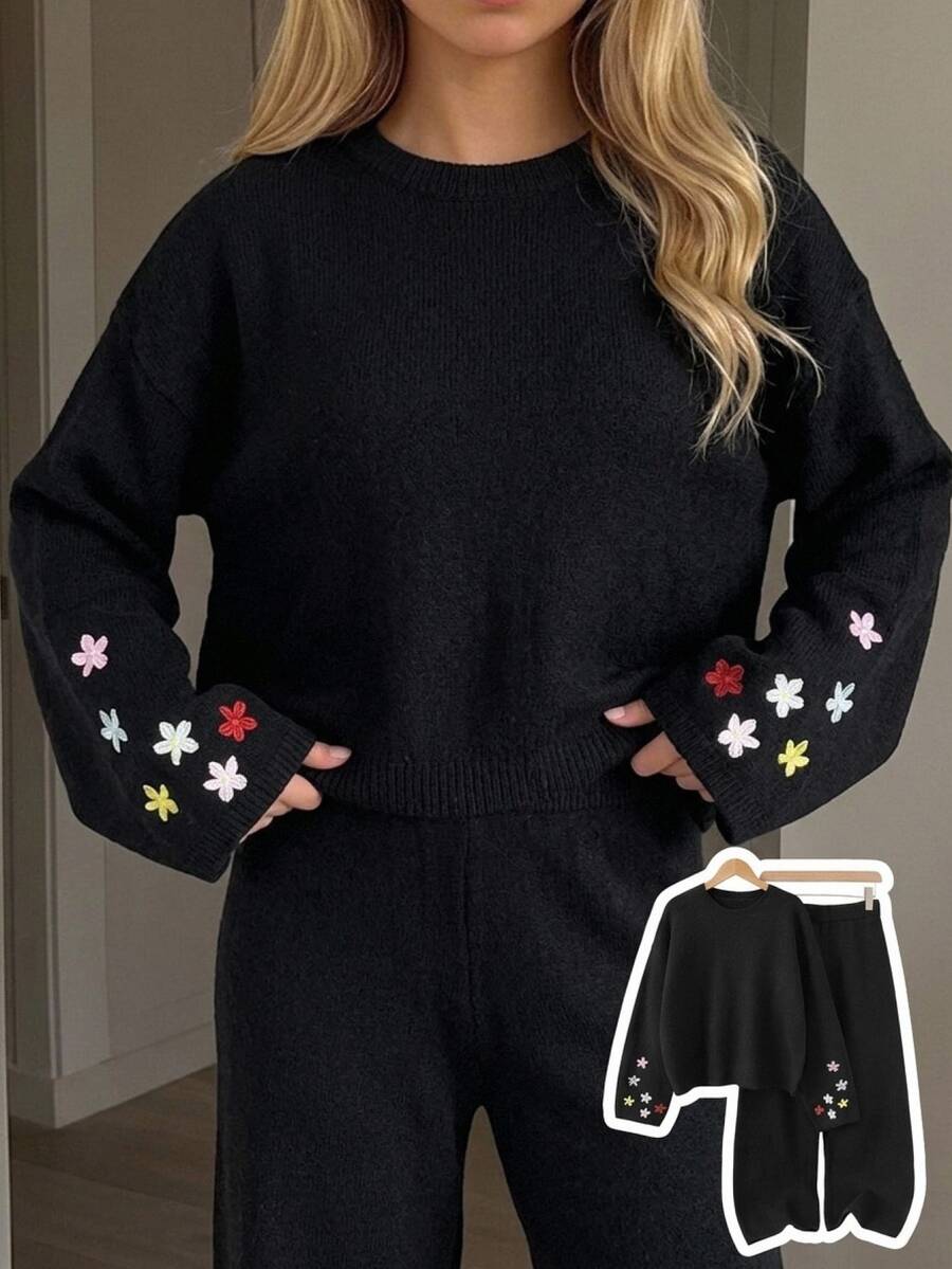 Teen Girl Floral Embroidered Round Neck Drop Shoulder Long Sleeve Sweater And Knit Pants Casual Set - Black - View 1