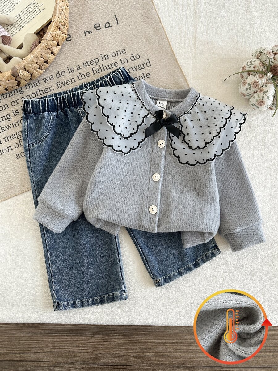 SHEIN 2pcs Toddler Girl Cardigan Denim Set Sweet Elegant Dusty Blue Polka Dot Mesh Ruffle Bow Long Sleeve Round Neck Birthday Fall Jean Cardigan Outfit - Grey - View 1