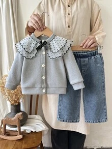 SHEIN 2pcs Toddler Girl Cardigan Denim Set Sweet Elegant Dusty Blue Polka Dot Mesh Ruffle Bow Long Sleeve Round Neck Birthday Fall Jean Cardigan Outfit - Grey - View 4